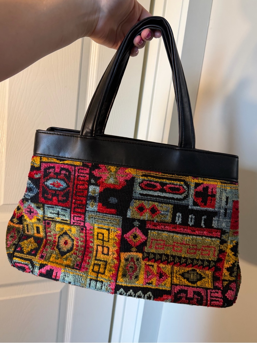 Black-Trim Multicolor Tapestry Tote Bag